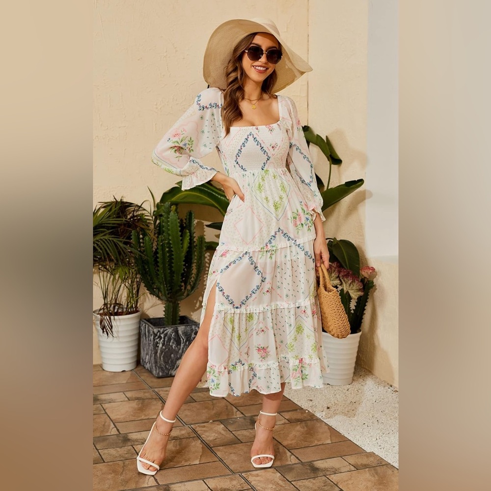 R.YIposha Summer Bohemian Puff Sleeve Ruffled Floral Off Shoulder Long Dress L